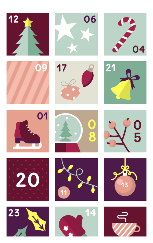 2023 design: flat Christmas icons such as skates, a snow globe and a candy cane in the Classic palette