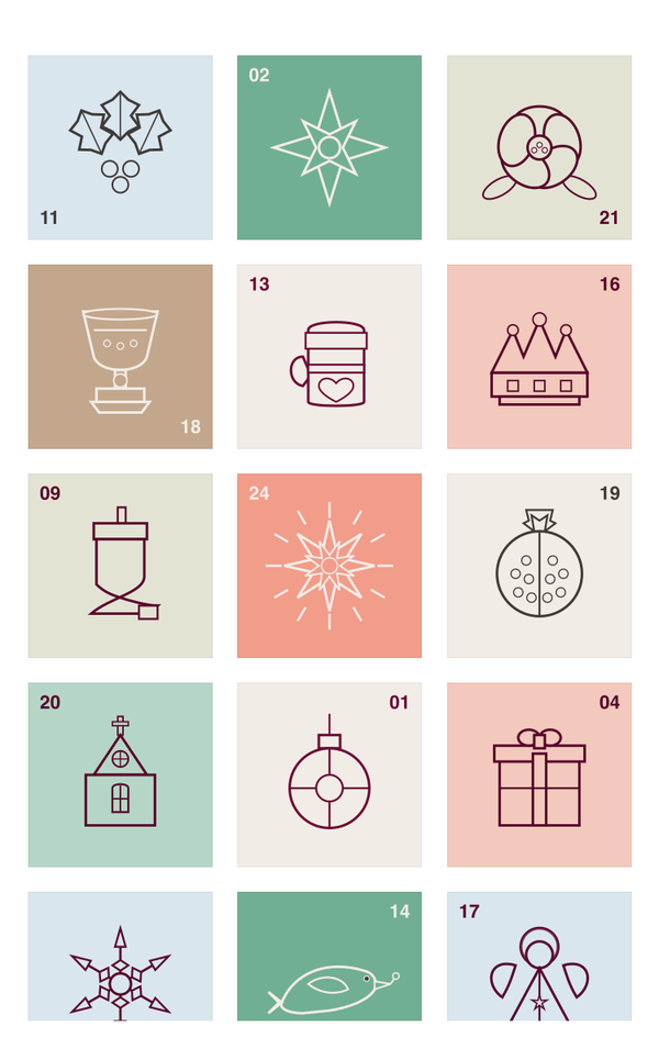 2026 design: mid-century Scandinavian folk icons in red, green, mustard and navy