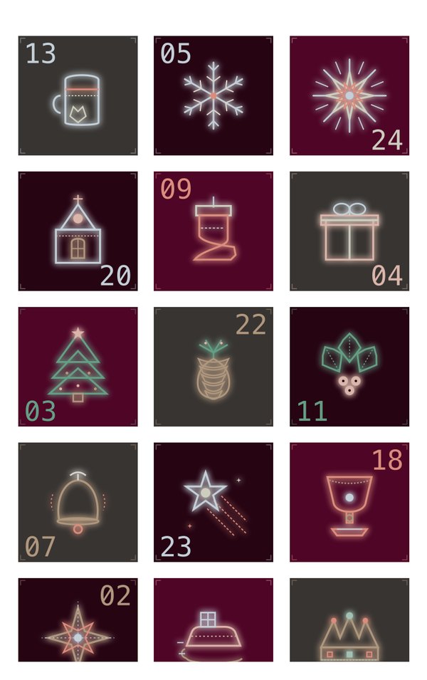 2029 design: neon line-art Christmas icons on a near-black ground