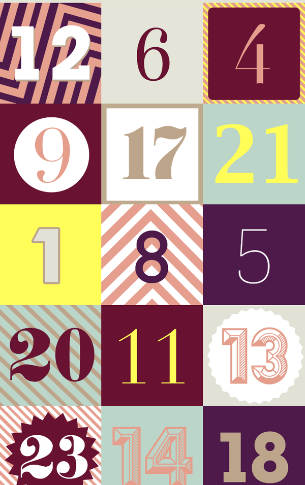 Classic design: a grid of typographic doors in wine, salmon, plum, mint and yellow