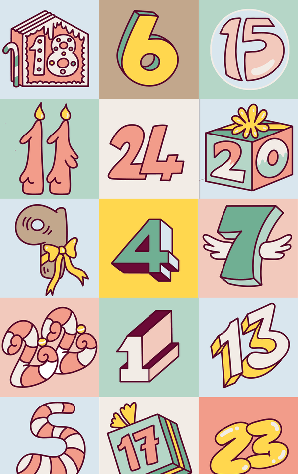 Modern 2026 design: chunky comic-style numbers in a plum ink line on pastel grounds