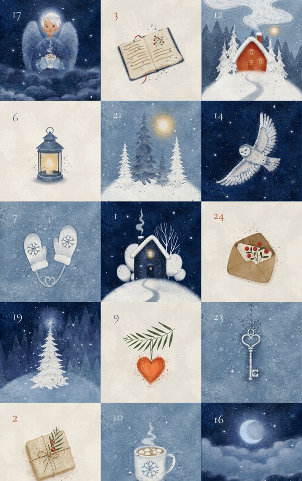 Nordic design: watercolour winter scenes – a cabin in the snow, an owl, mittens, a lantern – on night-blue and cream cards