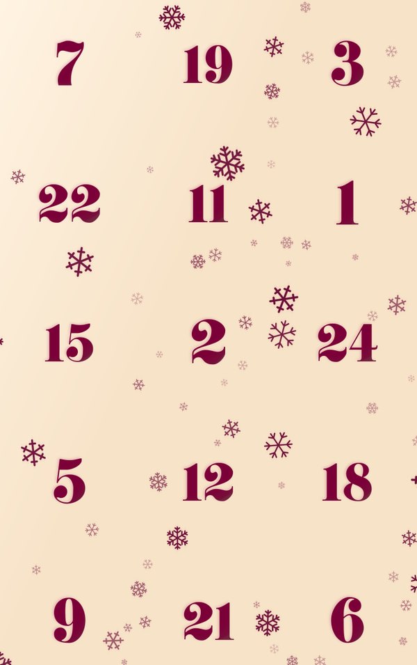 Snowflakes design: wine snowflakes and numbers on a cream ground
