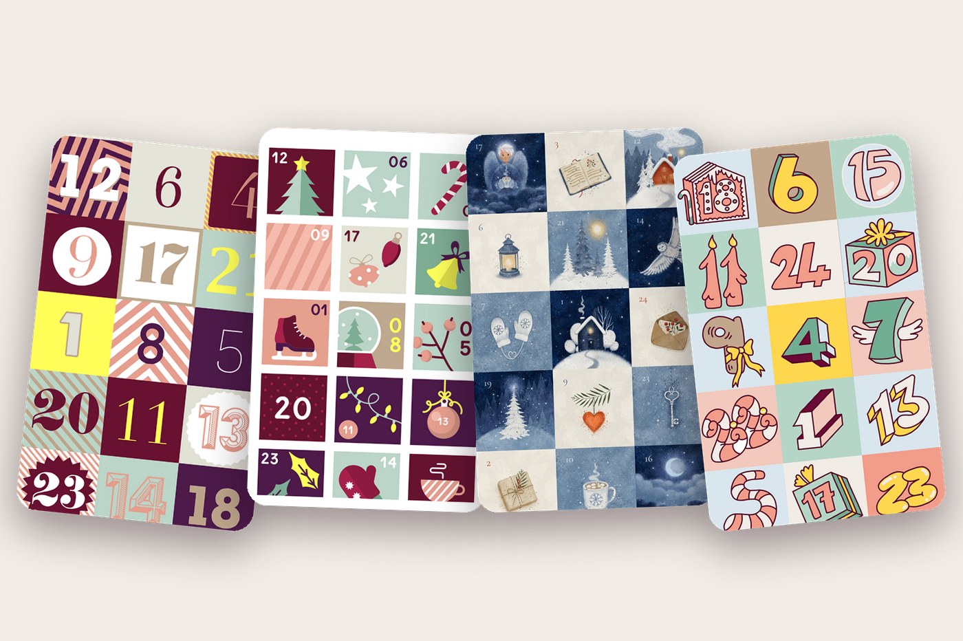 Four Advent App calendar designs fanned out like cards: Classic, 2023, Nordic and Modern 2026