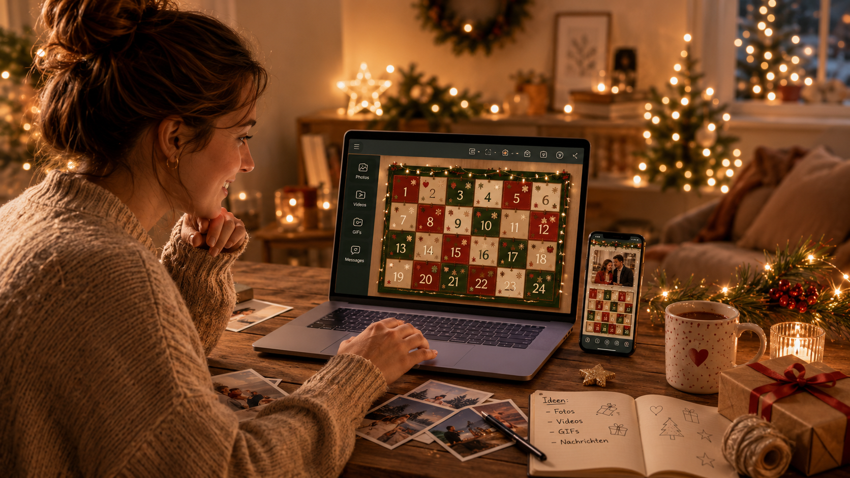 Woman building a digital advent calendar on a laptop with the Advent App – smartphone preview alongside